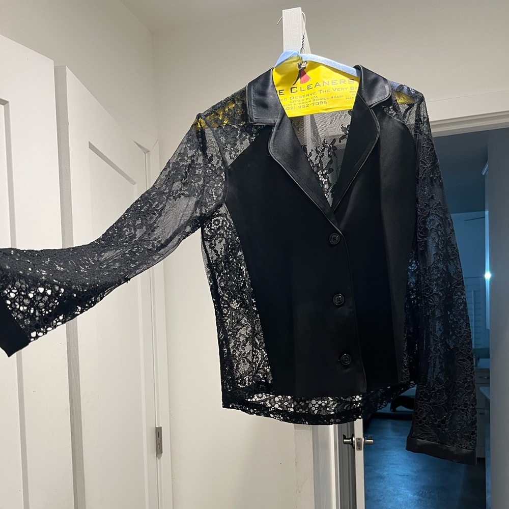 Fleur Du Mal Satin and Lace Black long sleeve button up top